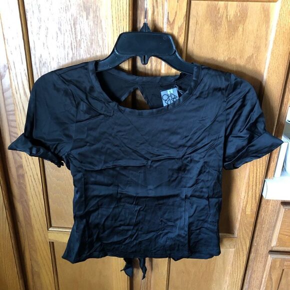 NWT Chaser Y2K Satin Crop Open Back Tie Tee Top Black - S - Picture 3 of 11